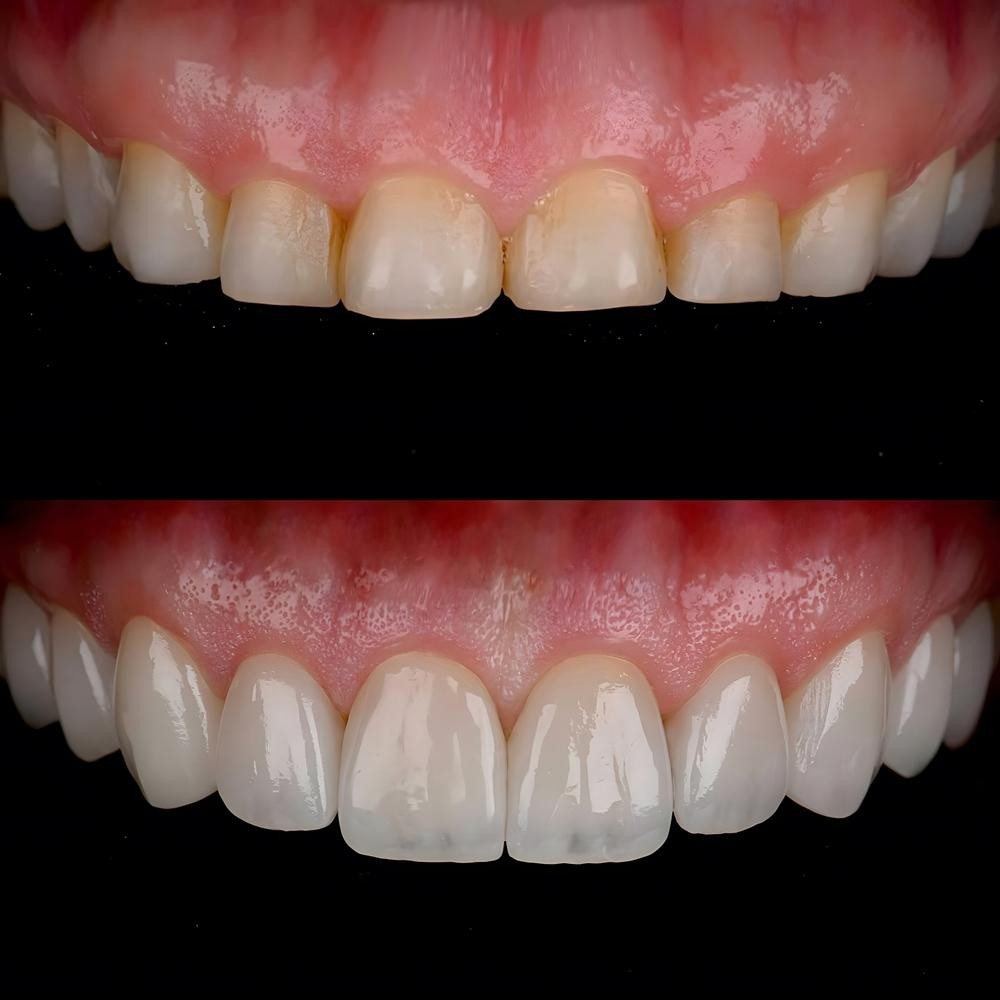 Split-view of a smile: top row shows yellowed, uneven front teeth before treatment; bottom row shows whiter, evenly shaped teeth after cosmetic whitening/veneers.